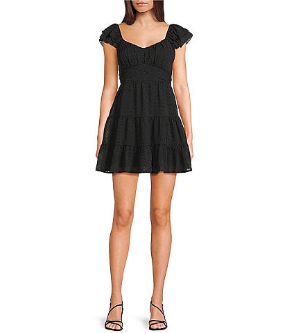 Allison & Kelly Clip Dot V-Neck Flutter Sleeve Tiered Tie Back Dress