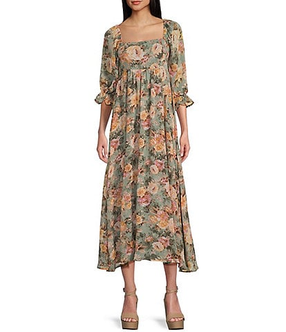 Allison & Kelly Floral Print 3/4 Sleeve Empire Waist Midi Dress