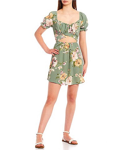 Allison & Kelly Floral Print Puff Sleeve Cut Out Dress