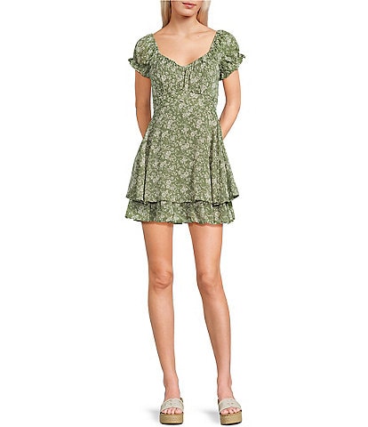 Allison & Kelly Floral Print Short Puff Sleeve Tie Back Tiered Dress