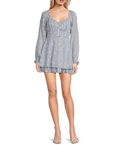 Allison & Kelly Floral Print V-Neck Corset Long Sleeve Tiered Dress