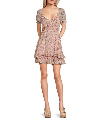 Allison & Kelly Floral Printed V-Neck Short Sleeve Cross Waist Fit And Flare Dress