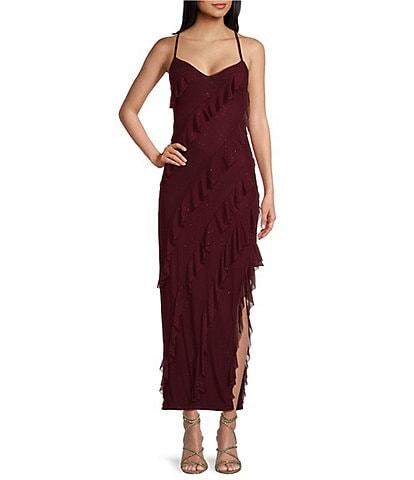 Allison & Kelly Glitter Mesh Ruffle Midi Dress