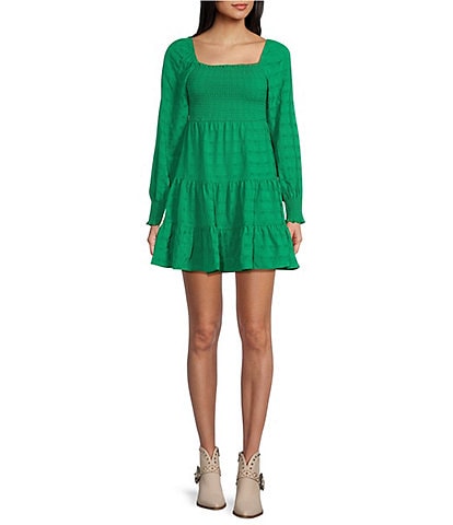 Allison & Kelly Long Sleeve Smocked Tiered Fit-And-Flare Dress