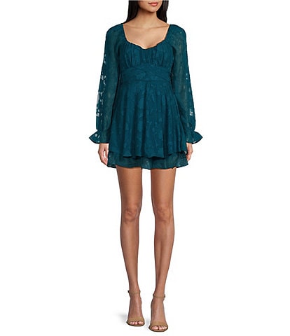 Allison & Kelly Long Sleeve V-Neck Floral Clip Jacquard Dress