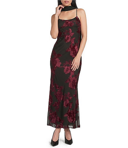 Allison & Kelly Power Mesh Floral Design Scoop Neck Scarf Dress