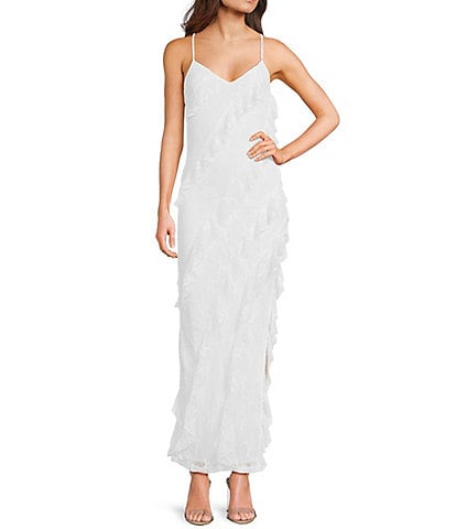 Allison & Kelly Printed Lace V-Neck Asymmetrical Ruffled Dress