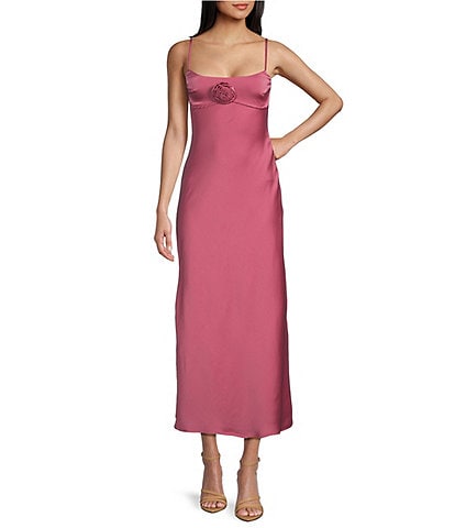 Allison & Kelly Satin Scoop Neck Spaghetti Strap Rosette Back Cut Out Slip Dress