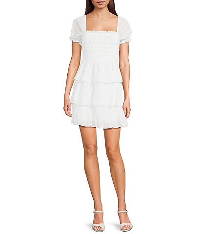 Allison & Kelly Seersucker Chiffon Smocked Puff Sleeve Tiered Dress