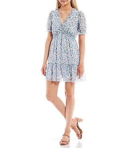 Allison & Kelly Short-Sleeve Floral Printed Ruffle Trim Fit-And-Flare Dress