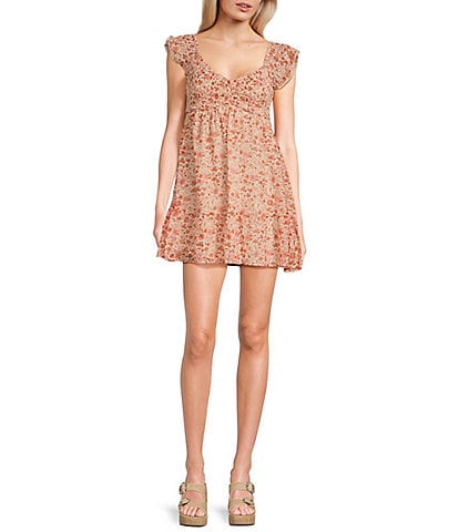 Allison & Kelly Sleeveless Flutter V-Neck Smock Babydoll Printed Dress