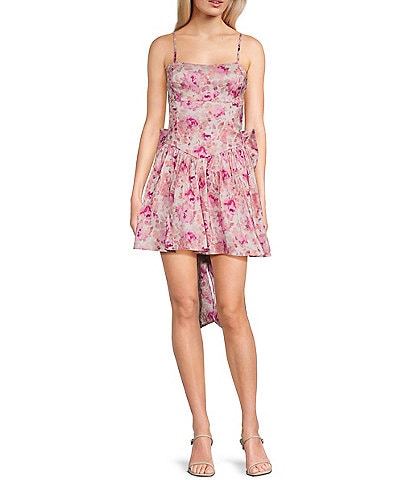 Allison & Kelly Sleeveless Taffeta Floral Print Square Neck Tie Back Dress