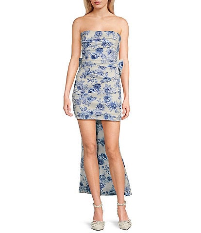 Allison & Kelly Strapless Taffeta Floral Print Bow Back Mini Dress