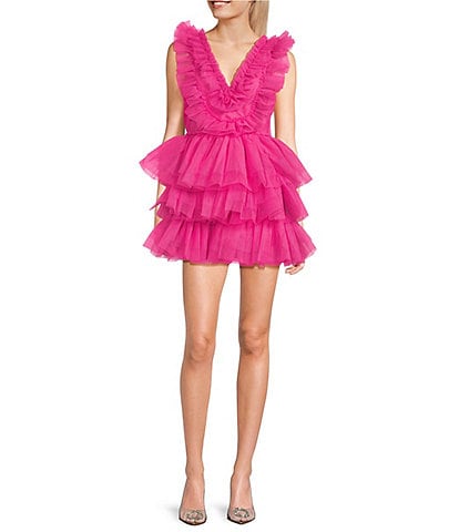 Allison & Kelly V-Neck Ruffle Tiered Tulle Fit & Flare Dress