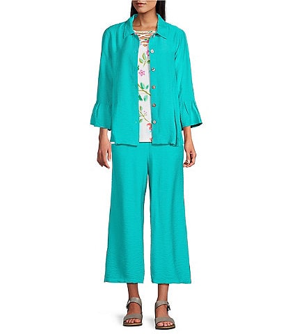 Allison Daley 3/4 Flounce Sleeve Button Front Point Collar Coordinating Top