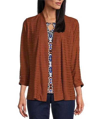 Allison Daley 3/4 Ruched Sleeve Open Front Pointelle Knit Cardigan