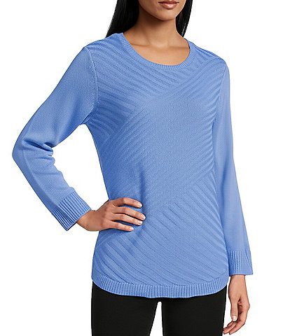 Allison Daley 3/4 Sleeve Crew Neck Curve Hem Diagonal Rib Front Sweater
