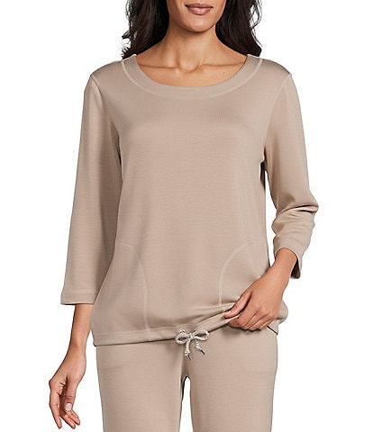 Allison Daley 3/4 Sleeve Crew Neck Drawstring Hem Scuba Knit Top