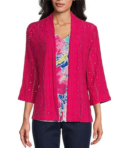 Allison Daley 3/4 Sleeve Open-Front Eyelet Knit Cardigan