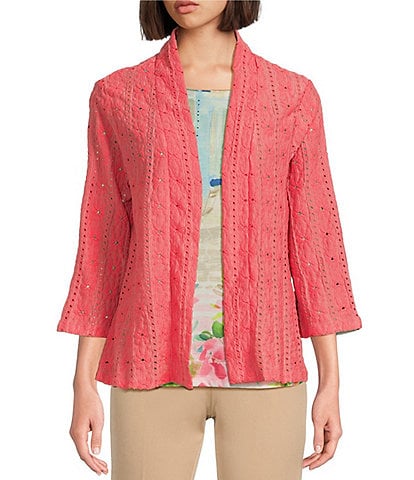 Allison Daley 3/4 Sleeve Open-Front Eyelet Knit Cardigan