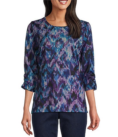 Allison Daley Abstract Herringbone Print Embellished 3/4 Ruched Sleeve Crew Neck Abstract Tee Shirt