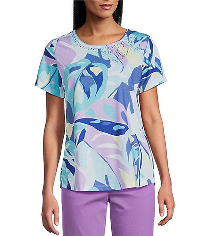 Allison Daley Amethyst Palm Short Sleeve Crew Neck Knit Top