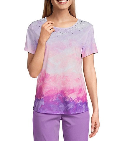 Allison Daley Amethyst Sunset Short Sleeve Crew Neck Knit Top