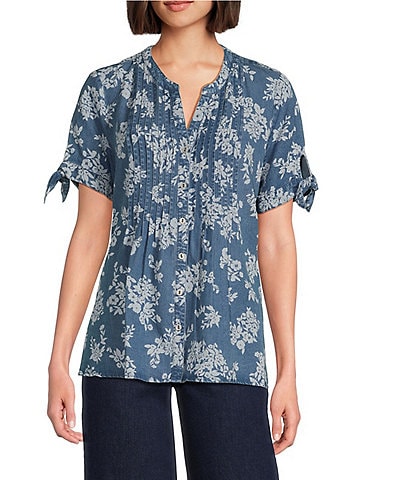 Allison Daley Blooming Flowers Print Short Tie Sleeve Y-Neck Button-Front Pintuck Blouse