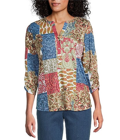 Allison Daley Botanical Patchwork Print 3/4 Sleeve Henley Neck Knit Top
