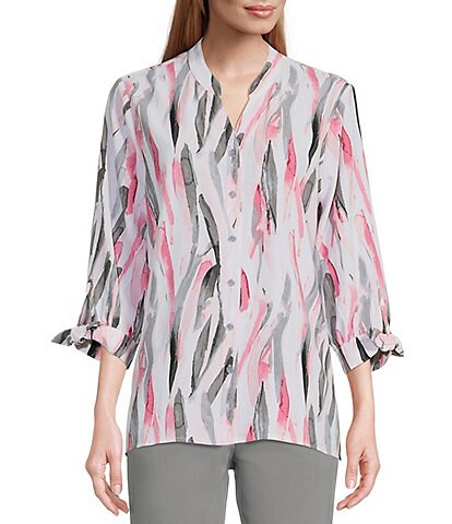 Allison Daley Brushed Striped Print 3/4 Tied Sleeve Y-Neck Top