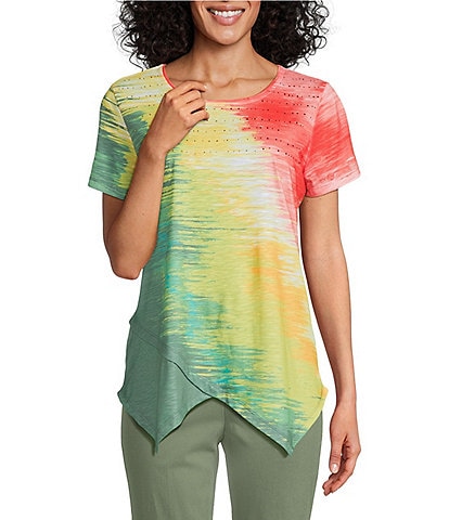 Allison Daley Brushstroke Ombre Print Short Sleeve Crew Neck Handkerchief Hem Slub Jersey Knit Top