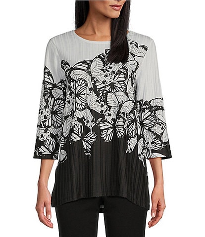 Allison Daley Butterfly Dance Print 3/4 Sleeve Crew Neck Embellished Rib Knit Top