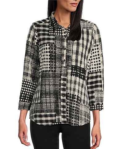 Allison Daley Cabin Patchwork Print 3/4 Sleeve Point Collar Button Front Shirt