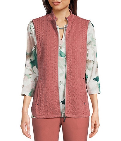 Allison Daley Cable Quilt Knit Sleeveless Two-Way Zip Front Vest