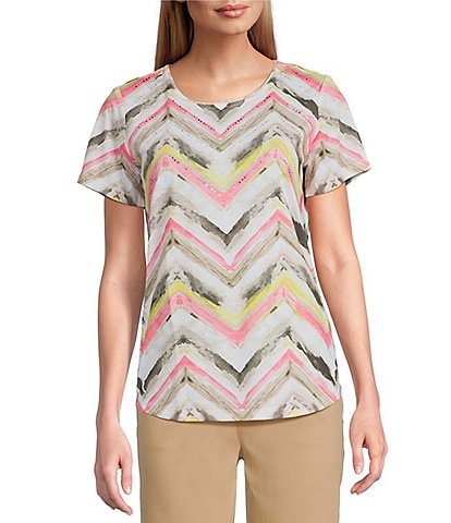Allison Daley Chevron Strokes Print Embellished Short Sleeve Crew Neck Knit Top
