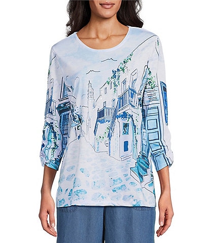Allison Daley Coastal Retreat Print 3/4 Ruched Sleeve Crew Neck Knit Top