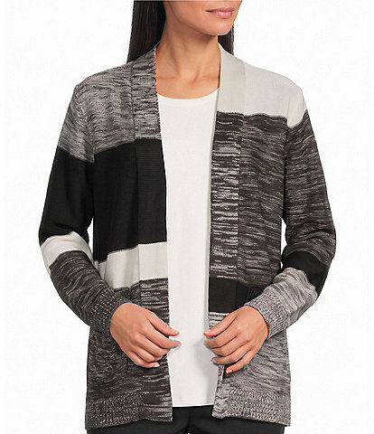 Allison Daley Color Block Long Sleeve Open-Front Rib Trim Cardigan