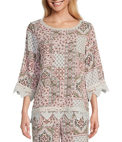 Allison Daley Coordinating Paisley Patch Print 3/4 Sleeve Crew Neck Lace Detail Top