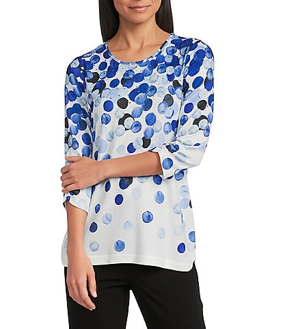Allison Daley Dotted Print 3/4 Sleeve Crew Neck Curve Hem Knit Top