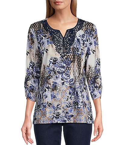 Allison Daley Embellished Applique Split Round Neck 3/4 Ruched Sleeve Foulard Floral Print Knit Top