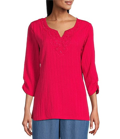 Allison Daley Embellished Applique Split Round Neck 3/4 Ruched Sleeve Woven Top