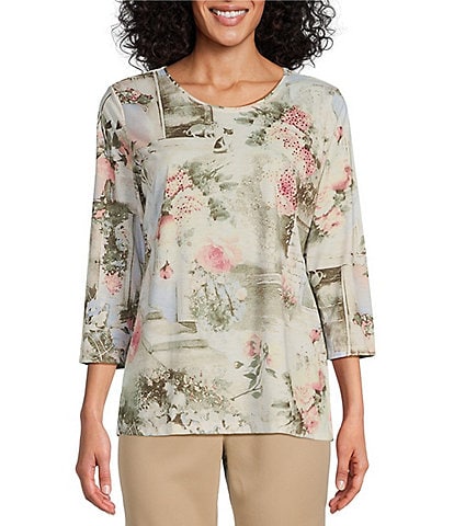 Allison Daley Embellished Country Garden Print 3/4 Sleeve Crew Neck Knit Top