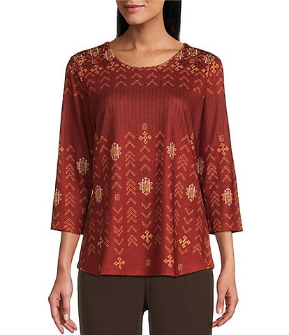 Allison Daley Embellished Folk Stitch Spice Print 3/4 Sleeve Crew Neck Knit Top