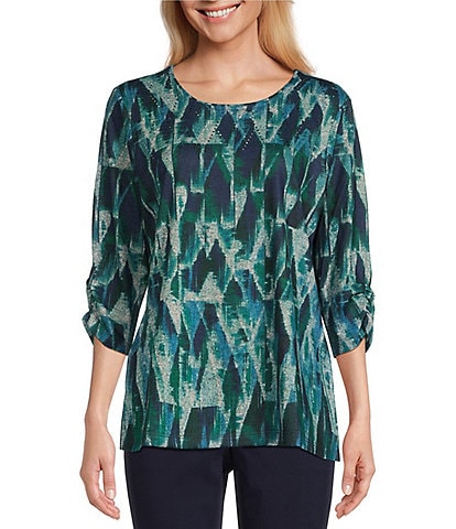 Allison Daley Embellished Ikat Geo Print 3/4 Ruched Sleeve Knit Abstract Shirt