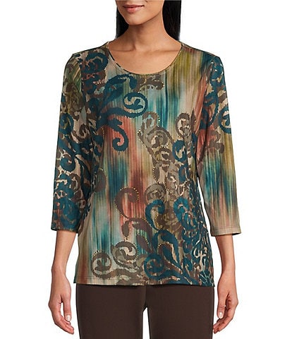 Allison Daley Embellished Spruce Scroll Placement Print 3/4 Sleeve Crew Neck Knit Top