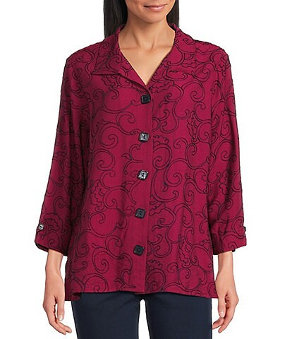 Allison Daley Embroidered 3/4 Sleeve Point Collar Button Front Blouse