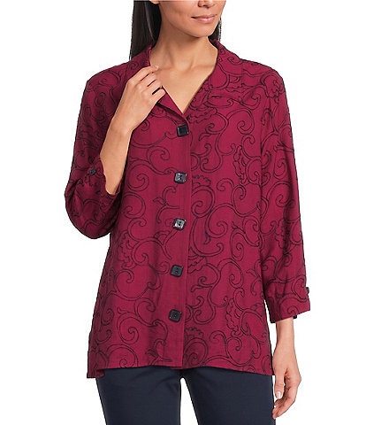 Allison Daley Embroidered 3/4 Sleeve Point Collar Button Front Blouse