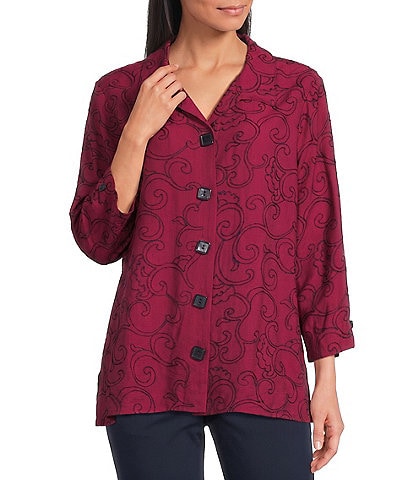 Allison Daley Embroidered 3/4 Sleeve Point Collar Button Front Blouse