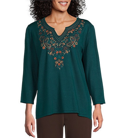 Allison Daley Embroidered 3/4 Sleeve Split V-Neck Sweater