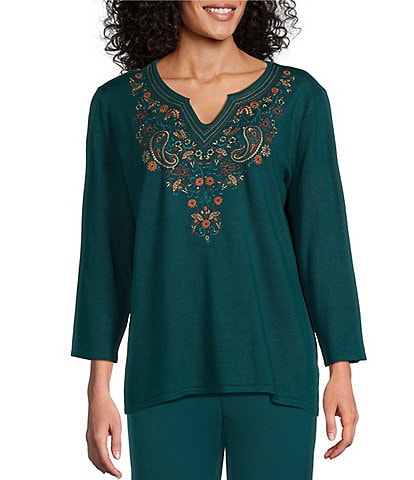 Allison Daley Embroidered 3/4 Sleeve Split V-Neck Sweater